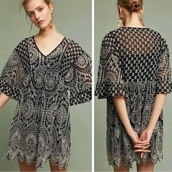Anthropologie Akemi & Kin Sz 2 Brooke Eyelet Swing Dress Black White Boh… - Picture 1 of 6